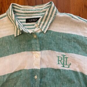 Lauren Ralph Lauren Striped Linen Button Down Shirt Size L RL‎ Logo